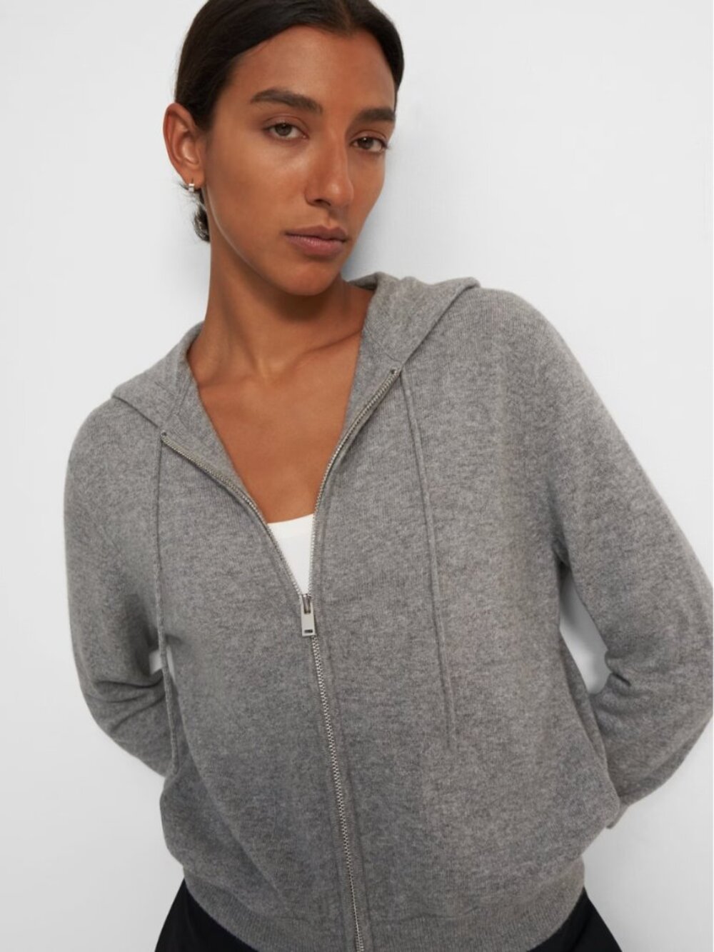 Theory 100% Cashmere Zip Hoodie Cardigan Grey Husky Drawstring Hood Sweater